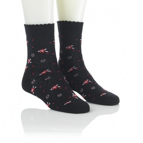 Modne nogavice - pico črne drobne rozice rdeče